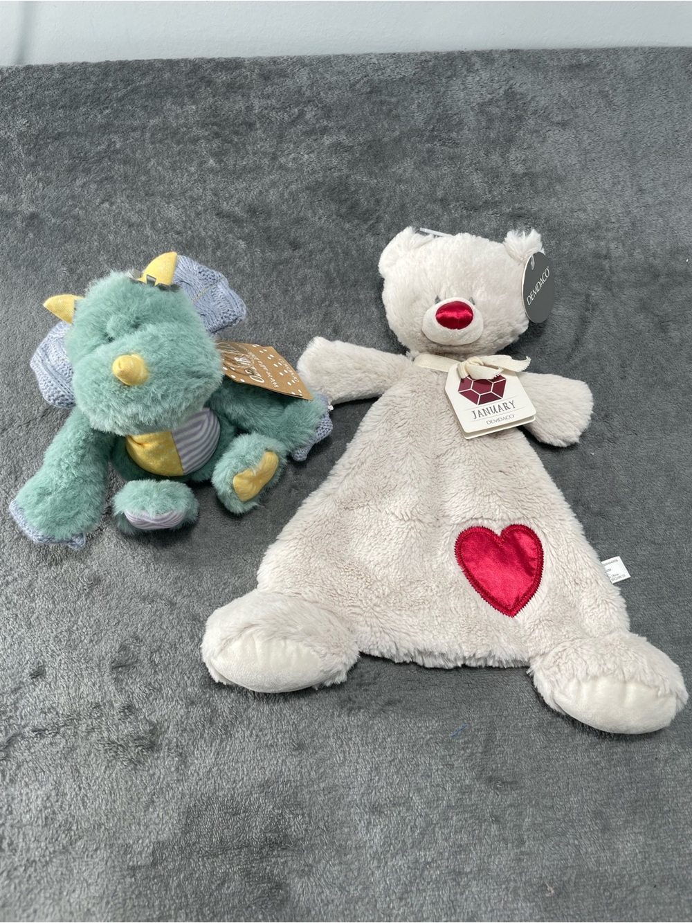 Demdaco White Bear Lovey with Red Heart & Mint Dragon Plush Set